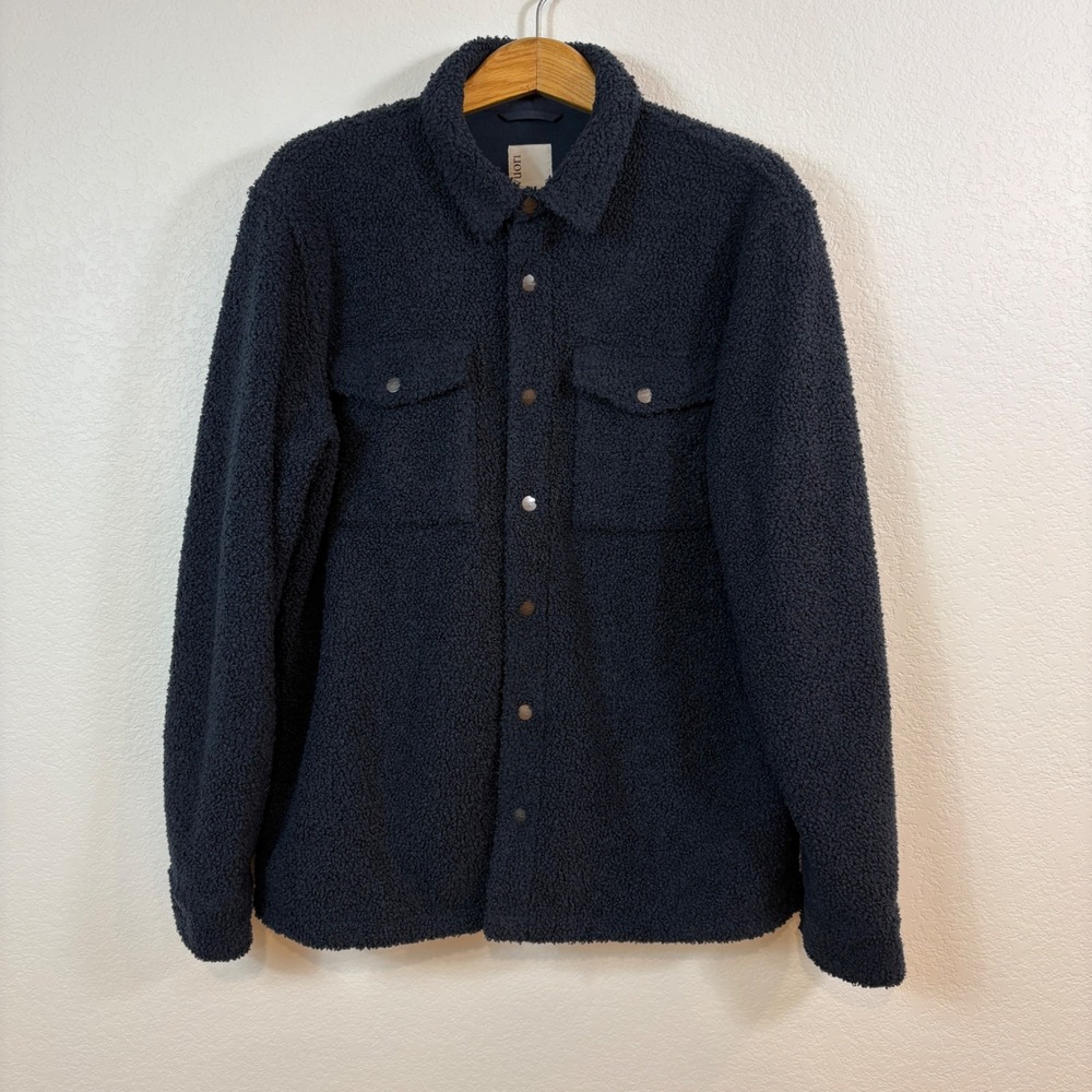 Vuori Napa Sherpa Jacket Men L Navy Blue Fleece Snap Front Shirt Gorp Cozy Cabin